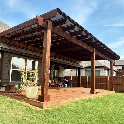 I just finished up this SkyPoly Pergola in Ponder. 28x14. 8x8 posts. 4x12 header. 2x8 joists. 2x4 slats. We lifted off the roof with the SkyLift Roof Risers. We installed the SkyPoly roof. Notched joists. 2’ overhang. We also did the stamped concrete wood texture under the pergola. Text me Chad the tall goofy guy if you want a pergola. 972-342-1645 #pergola #patiocover #pergoladesign #patiodesign #outdoorlivingspace #outdoorlivingroom Pergola Attached To House With Roof, Skylift Roof Riser, Skypoly Pergola, Cabin Hot Tub, Pergola Ideas, Carport Designs, Pergola Attached To House, Wood Pergola, Wooden Pergola