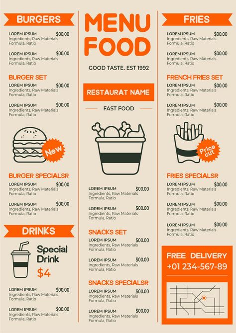 Fast Food Restaurant Retro Style Menu Template#pikbest#Templates#Others Deli Graphic Design, Fast Food Website Design, Retro Menu Design, Modern Restaurant Menu Design, Food Menu Design Ideas, Fast Food Menu Design, Fast Food Restaurant Design, Resturant Menu, Restaurant Menu Card