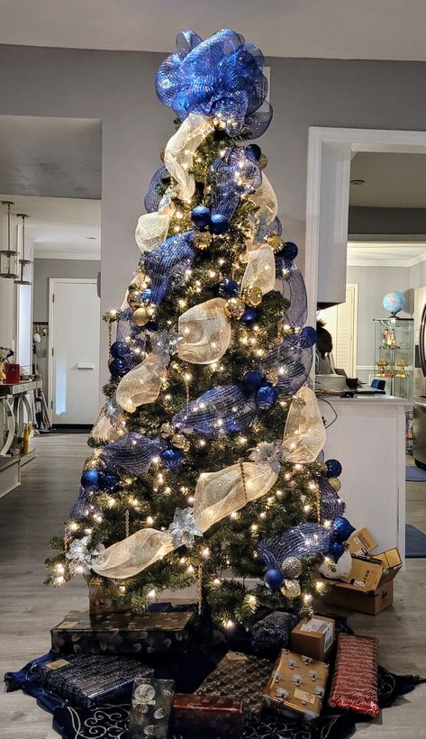 Blue Christmas Tree With Ribbon, Navy Blue Burgundy Gold Christmas Tree, Royal Blue Ribbon Christmas Tree, Gold And Navy Blue Christmas Decor, Royal Blue Gold Christmas Tree, Navy Blue And Gold Tree, Blue And Gold Ribbon Christmas Tree, Blue And Yellow Christmas Decor, Gold And Navy Blue Christmas Tree