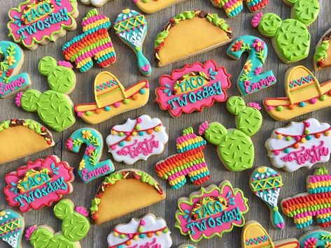 Taco TWOsday cookies for Emma's birthday!!! Love this theme!!  #tacos #tacotwosday #tacocookies #fiesta #fiestacookies #customcookies… Taco Twosday Cookies, Taco Twosday, Mexican Birthday Parties, Fiesta Birthday Party, Mexican Birthday, Fiesta Party Decorations, Second Birthday Ideas, Taco Party, Fiesta Theme