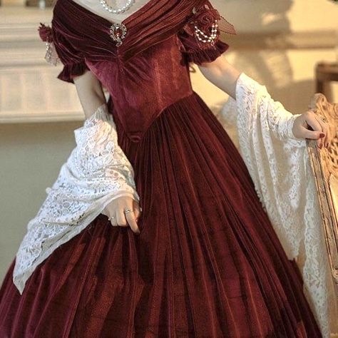 Halloween Ball Gown, Gothic Rococo, Scarlett Dragna, Black Victorian Dress, Ball Gown Vintage, Victorian Era Dresses, 1800's Dress, Halloween Ball, Dark Red Dresses