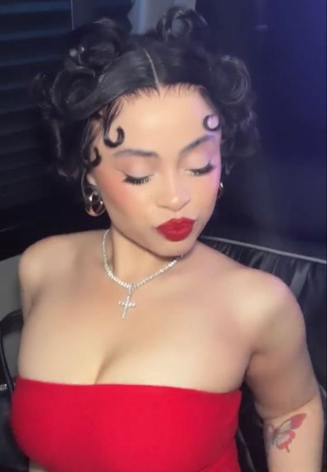 Betty Boop With Long Hair, Betty Boop Pose, Betty Boop Hairstyle Short Hair, Black Betty Boop Costume, Betty Boop Long Hair, Betty Boop Costume Black Women, Betty Boop Costume Long Hair, Ice Spice Betty Boop, Betty Boop Hairstyle