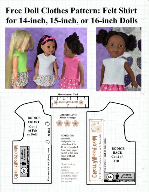 It's a little easier to download and print this free doll shirt pattern if you use this link. I've also got a new tutorial showing how to download and print my free patterns, in case you're new to that. Click here to view my helpful "How to print patterns" tutorial. Yesterday I gave you the… Wellie Wishers Patterns Free, American Girl Clothes Patterns, Muñeca Baby Alive, Crissy Doll, Baby Doll Clothes Patterns, Girls Clothes Patterns, Doll Patterns Free, Wellie Wishers Dolls, Doll Clothes Pattern