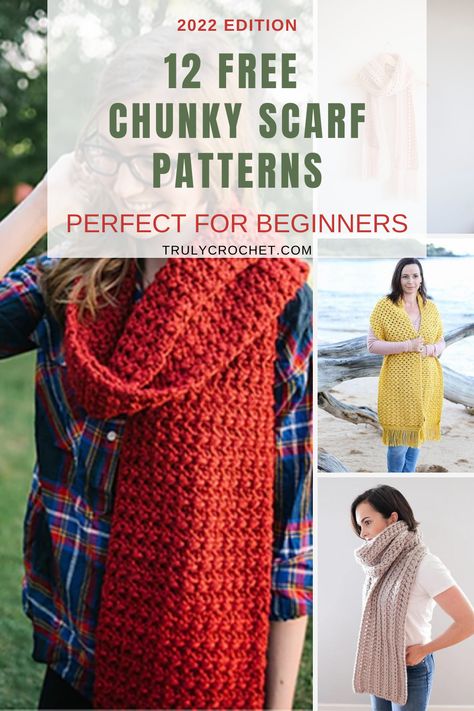 These 12 free crochet scarf patterns are perfect with chunky yarn and a big crochet hook and best of all they are suitable for a beginner crocheter. Chunky scarves are a must in the Winter! Crochet Scarf Pattern Free Super Bulky, Free Crochet Patterns For Scarves Using Bulky Yarn, Super Bulky Yarn Crochet Hat Pattern Free, Chunky Crochet Scarf For Men, Scarf Crochet Pattern Chunky Yarn, Crochet Scarf Using Bulky Yarn, Crocheting Chunky Yarn, Free Chunky Crochet Scarf Pattern, Size 6 Yarn Crochet Scarf Pattern