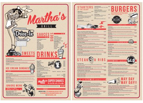 MARTHAS-7 Vintage Restaurant Menu Design, American Diner Menu Design, American Menu Design, Diner Menu Ideas, Diner Menu Design, American Diner Menu, Retro Menu Design, Vintage Menu Design, Diner Branding