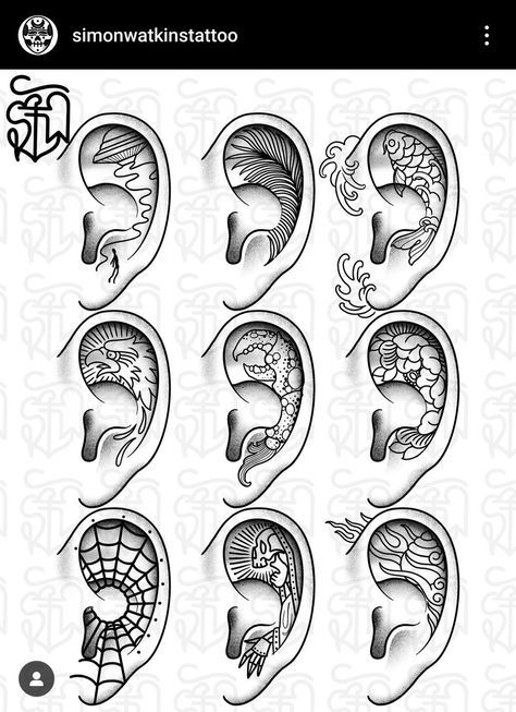 Mens Ear Tattoo Ideas, Inner Ear Tattoos For Men, Goth Ear Tattoo, Ear Tattoos For Men, Ear Tattoo Design, Honey Tattoo, Ear Tats, Inner Ear Tattoo, Maching Tattoos