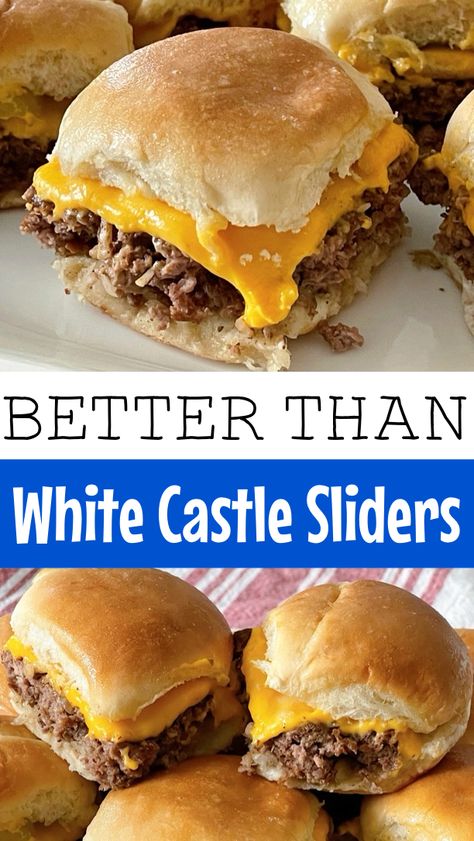 Cheeseburger Sliders For A Crowd, Super Bowl Sliders Appetizers, White Castle Sliders With Peanut Butter, Best Sliders Burgers, Mini Slider Burgers, Slider Party Ideas, Sheet Pan White Castle Sliders, Crockpot White Castle Sliders, Easy Game Day Sliders