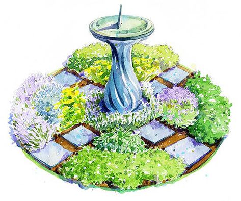 Round herb garden with birdbath Herb Garden Plan, Tara Garrison, Backyard Plan, Herb Garden Design, Vegetable Garden Planning, Garden Plan, Bird Bath Garden, Growing Herbs, Garden Layout