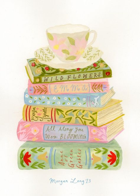 Morgan Long, Books And Tea, Book Painting, Creative Shop, Whimsical Art, Best Life, Wall Collage, Jigsaw Puzzle, Painting & Drawing