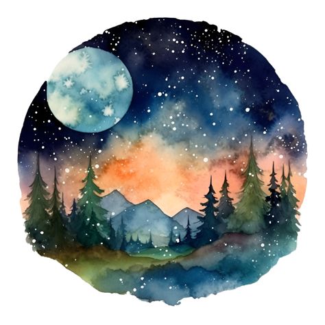 Night Sky Watercolor Painting, Watercolour Night Sky, Galaxy Watercolor Painting, Moon Watercolor Painting, Night Sky Watercolor, 2023 Watercolor, Sky Drawing, Night Watercolor, Watercolor Night Sky