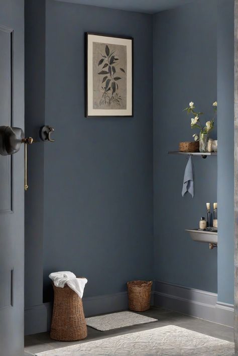 bathroom decor,home renovation ideas,interior design inspiration,painting walls,home improvement costs,decorating tips,modern home decor,wall painting techniques,interior design trends,home makeover ideas Bathroom Blue And Grey, Dark Navy Wall Paint, Dark Blue Grey Accent Wall, Blue Gray Powder Room, Navy Paint Bathroom, Slate Blue Bathroom Walls, Dark Blue Accent Wall Bathroom, Behr Charcoal Blue, Inchyra Blue Bathroom