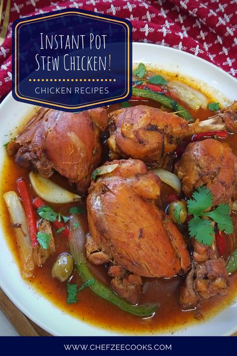 Instant Pot Pollo Guisado aka Instant Pot Stew Chicken is a delicious yet easy Instant Pot Recipe that will quickly become your new favorite. As with all Instant Pot recipes, this chicken is tender, tasty, and ready in no time! It also pairs nicely with rice, mashed potatoes, and veggies. Give it a try! #ChefZeeCooks #InstantPotRecipes #ChickenRecipes #PolloGuisado Leg Quarter Recipes, Zoodle Soup, Chicken Leg Quarter Recipes, Chicken Zoodle, Instant Pot Stew, Dominican Recipes, Recipes Instapot, Chicken Zoodle Soup, Stew Chicken