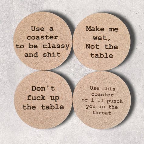 Cork Coaster set | Drinks mat, rude, funny, unique, drinks party, dinner guests, funny stocking filler Vulgar Coasters, Funny Drink Coasters, Unique Merchandise Ideas, Funny Christmas Coasters, Coaster Set Ideas, Square Coaster Design, Rude Coasters, Funny Coasters Sayings, Cricut Coaster Ideas