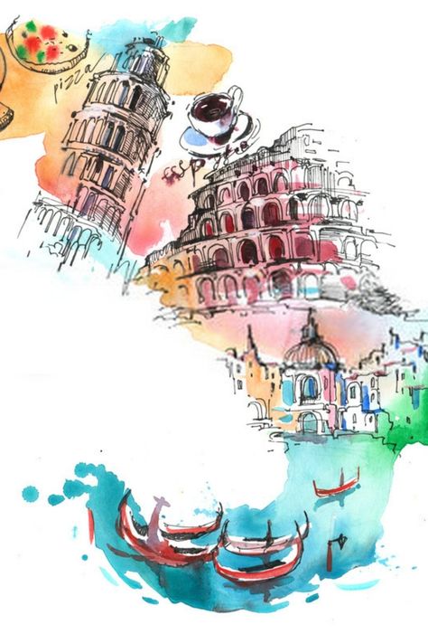 Coffee Cartoon, Italy Art Print, Landmarks Art, Italy Poster, Travel Drawing, Italy Art, Gcse Art, Affordable Wall Art, Cool Paintings