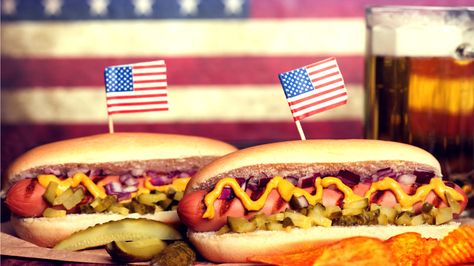 Hot dogs just might be 'Merica's most versatile food American Hot Dogs, Fourth Of July Cakes, Hot Dog Recipes, Fourth Of July Food, Dog Recipes, Bbq Accessories, American Food, July Party, Relish