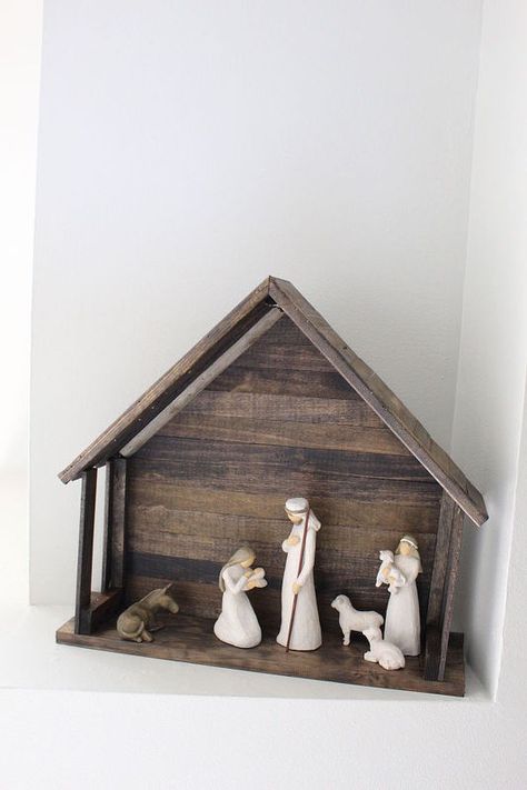 building with paint sticks diy nativity stable, christmas decorations, crafts, repurposing upcycling, seasonal holiday decor, woodworking projects Nativity Creche Diy Stables, How To Make A Creche Nativity Stable, Nativity Manger Diy Stables, Willow Tree Nativity Manger Diy, Nativity Stable Ideas, Nativity Stable Diy Wood, Mangers Christmas Diy, Diy Stable Nativity, Christmas Stable Nativity Diy