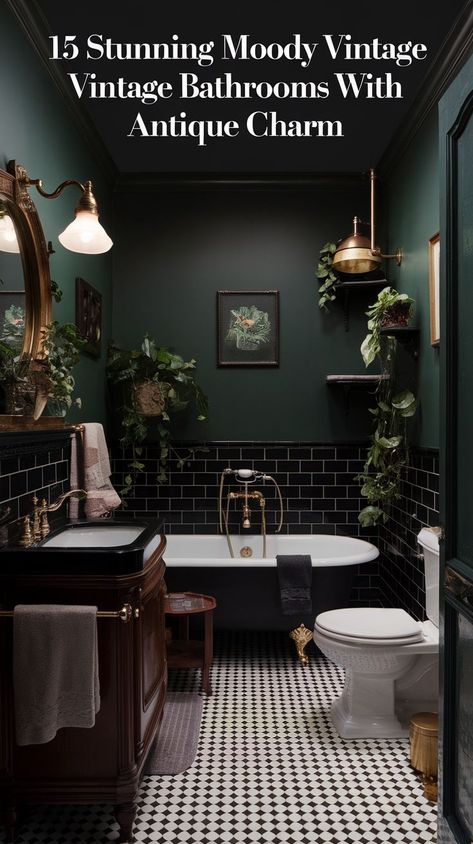 Explore 21 moody vintage bathroom ideas that combine timeless elegance with a dark, atmospheric charm. From classic clawfoot tubs to antique brass fixtures, transform your bathroom into a relaxing, sophisticated retreat inspired by vintage design. Learn how to incorporate dark hues, unique tilework, and curated accessories for the perfect moody touch. Bathroom Decor Dark Green, Viridian Bathroom, Nice Bathroom Colors, Half Bath Color Drench, Black Earthy Bathroom, Moody House Colors, Slytherin Bathroom Ideas, Small Dark Bathroom Paint Colors, Black Color Drenched Bathroom