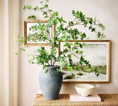 Faux Oversized Green Branch | Pottery Barn Pottery Barn Eucalyptus, Faux Branch In Vase, Moss Covered Branches, Green Branches In Vase, Eucalyptus Branch In Vase, Short Vase, Candle Pedestal, Spring Floral Arrangements, Vase Arrangements