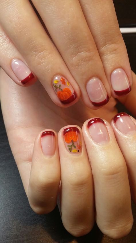 Gel Nail Designs For Fall French Tip, Thanksgiving Nails Fall French Tip, Thanksgiving Shellac Nails, Thanksgiving Nail Designs Acrylic Short, Thanksgiving French Tip Nail Designs, November French Nails, Pumpkin French Nails, Thanksgiving Simple Nails, Natural Fall Nail Designs