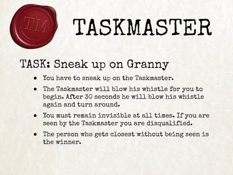 Taskmaster Tasks At Home, Task Master Games At Home, Taskmaster Party Ideas, Taskmaster Ideas, Taskmaster Games, Taskmaster Party, Taskmaster Tasks, Task Master, Fun Team Building Activities