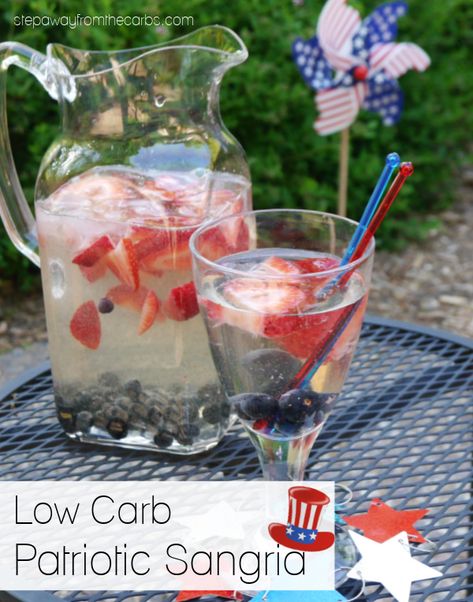 This patriotic sangria is a wonderful blend of dry white wine, vodka, sugar-free sparkling water, and berries! The perfect red, white, and blue drink for the summer! Patriotic Sangria, Low Carb Summer Recipes, Low Carb Holiday Recipes, Blue Drink, Low Carb Cocktails, Low Carb Holiday, Flavored Sparkling Water, Keto Cocktails, Keto Drinks