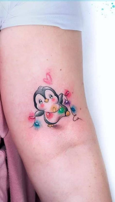 Tiny Penguin Tattoo Simple, Cartoon Penguin Tattoo, Tiny Penguin Tattoo, Small Christmas Tattoos, Winter Tattoo Ideas, Penguin Tattoos, Sea Tattoos, Wine Glass Tattoo, Winter Tattoo