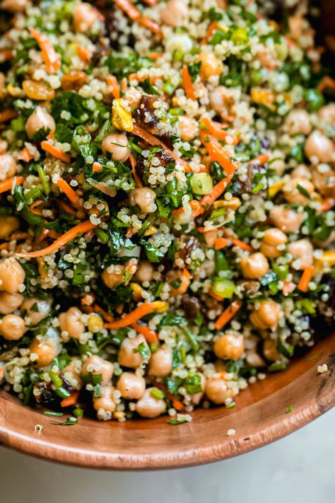 Chickpea Quinoa Salad Recipe (Power Salad) | Little Spice Jar Quinoa Garbanzo Salad, Chopped Chickpea Salad, Summer Chickpea Salad, Bulk Salad Recipes, Chickpeas Salad Recipes, Chickpea Recipes Salad, Power Salads, Moroccan Chickpea Salad, Summer Quinoa Salad