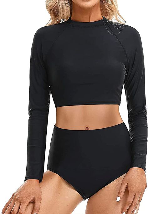 Pinup Fashion Two Piece Rash Guard Long Sleeve Bathing Suits Women Swimsuit Top with High Waist Short Tankini Set UV UPF 50+ Black at Amazon Women’s Clothing store Bathing Suits Women, Pinup Fashion, Long Sleeve Bathing Suit, Long Sleeve Swim Shirt, Tankini With Shorts, High Waisted Tankini, Long Sleeve Swim, Swimsuit Season, High Waisted Bathing Suits