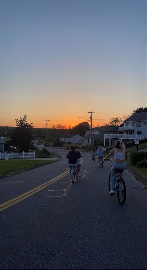 Riding Bikes At Night Aesthetic, Biking Around The Neighborhood, Evening Bike Ride Aesthetic, Bike Friends Aesthetic, Bike Rides At Night Aesthetic, Summer Bike Aesthetic, Bike Riding Astethic, Sunset Bike Ride Aesthetic, Family Bike Ride Aesthetic