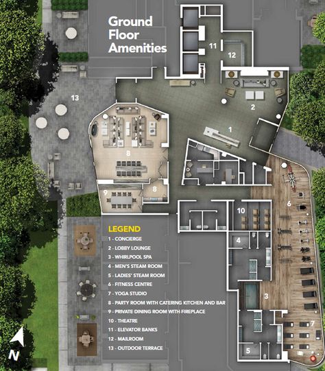 Amenities & Lifestyle - Tridel Clubhouse Floor Plan Design, Clubhouse Plan Layout, Club House Design Plan, Clubhouse Design Architecture Plan, Amenities Design, Restaurant Exterior Design, Clubhouse Design, Casa Club, Culture Center