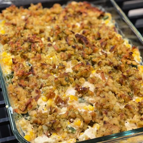 Chicken and Stuffing Casserole Recipe - The Cookin Chicks Hi Ken And Stuffing Casserole, Hamburger And Stuffing Recipes, Stovetop Stuffing Casserole, Chicken Casserole With Stuffing, Chicken Stovetop, Veggie Stuffing, Chicken Stuffing Bake, Stuffing Easy, Uncooked Chicken