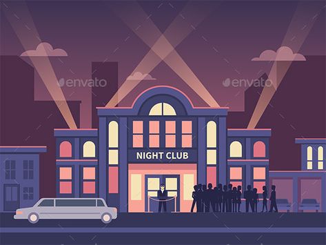 Building Night Club with Queue at the Entrance Entertaining House, Nightclub Design, Building Illustration, Flat Vector Illustration, Good Day Song, Black Christmas Trees, 캐릭터 드로잉, Flat Vector, Line Illustration