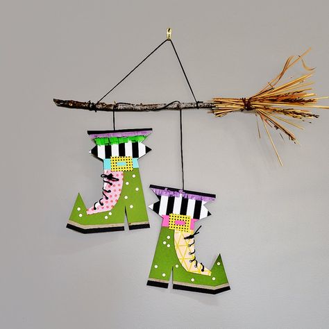 Make: Witch and Warlock Boots on A Broomstick - barley & birch Witch And Warlock, Hocus Pocus Crafts, Winter Sensory, Shape Puzzle, Sensory Tray, Halloween Art Projects, Mixed Media Diy, Witch Boots, Witch Diy