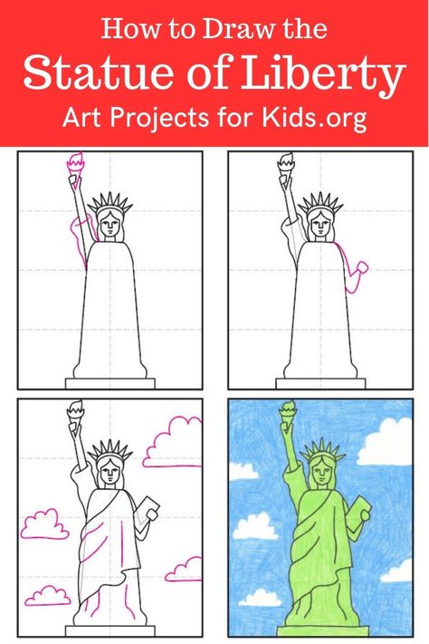 Learn how to draw the Statue of Liberty with an easy step-by-step PDF tutorial. #howtodraw #tutorial #drawing #drawingtutorial #arttutorial #artprojectsforkids #howtodrawforkids #statueofliberty Statue Of Liberty Art Project, Animal Drawing For Kids, Art Teacher Projects, Drawing Projects For Kids, Statue Of Liberty Drawing, Kids Drawing Ideas, Liberty Statue, Creative Art Projects, Crayon Drawing