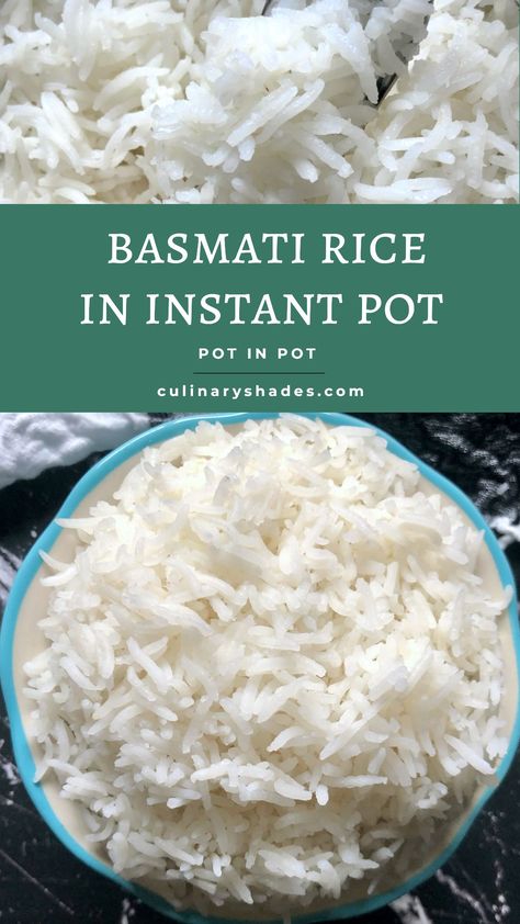 Basmati rice is long grain rice and commonly used in Indian cuisine to make a variety of rice dishes. It can be cooked perfectly without soaking in the instant pot using the pot in pot method. Check out the rice to water ratio and how long to cook the basmati rice in the instant pot. Basmati Rice Instant Pot, Instant Pot Basmati Rice, Indian Rice Pudding, Rice Instant Pot, Brown Basmati Rice, Basmati Rice Recipes, Rice On The Stove, Vegan Indian Recipes, Cooking Basmati Rice