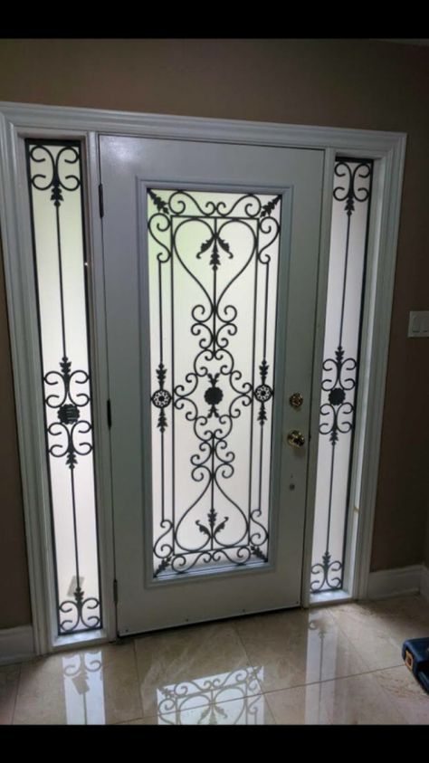 Wrought Iron Door Inserts, Wrought Iron Glass Door, Living And Kitchen, Entry Area, Wrought Iron Door, Flush Door Design, Iron Gate Design, Window Grill, Wrought Iron Doors