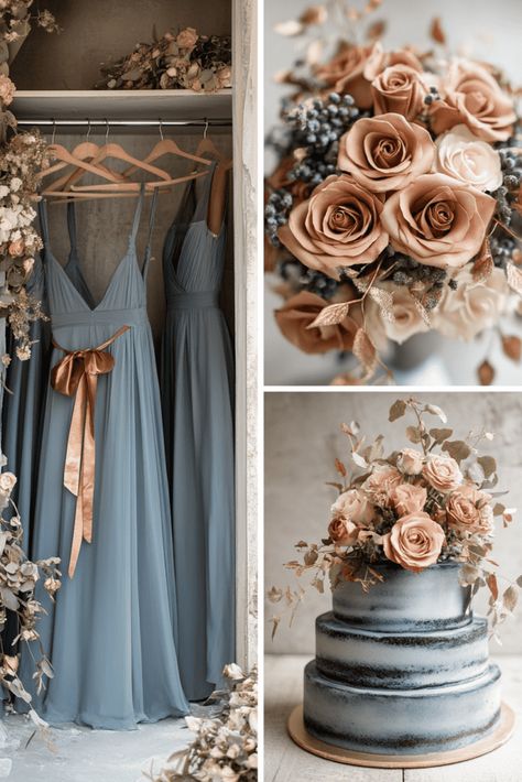 Earth Tone Wedding Slate Blue Color Palette Wedding, Brown And Blue Wedding Colors, Champagne And Blue Wedding Colors, Slate Blue Color Palette, Navy And Dusty Rose Wedding, Blue Grey Wedding Colors, Champagne And Blue Wedding, Blue And Brown Wedding, Engagement Era