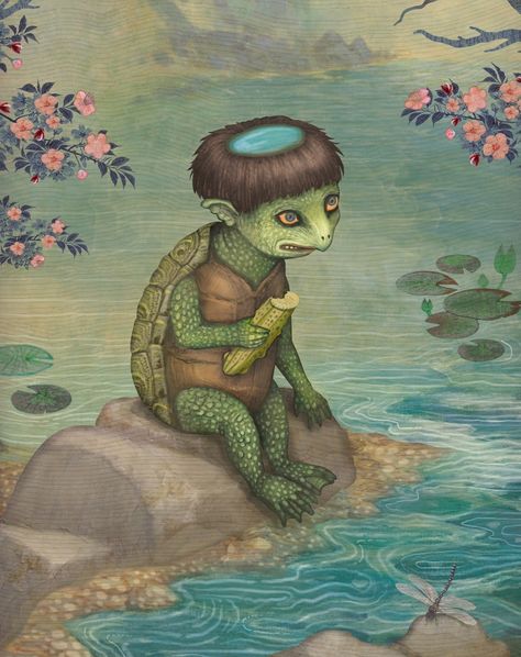 A kappa is an amphibious creature of Japanese mythology. As depicted, they are often described as green, human-like beings with a turtle-like carapace. Though they are known to enjoy cucumbers, it is not rare that they would attack and eat humans too, so even if you think they're totally kawaii it's definitely better to stay away... Yokai Oc, Kappa Japanese, Japanese Kappa, Japanese Demons, Mythical Animals, Animals Illustration, Japanese Mythology, Mythical Creatures, Instagram A