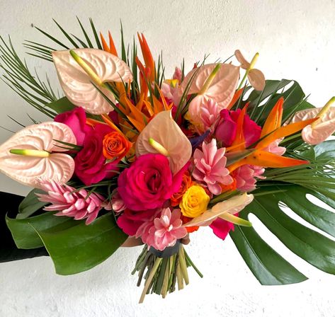 Colorful Tropical Bouquet, Tropical Rose Bouquet, Tropical Floral Wedding Bouquets, Cascading Tropical Wedding Bouquets, Tropical Floral Bouquets, Tropical Flowers For Wedding, Hibiscus Wedding Flowers, Tropical Flowers Wedding Decor, Tropical Floral Arrangements Wedding