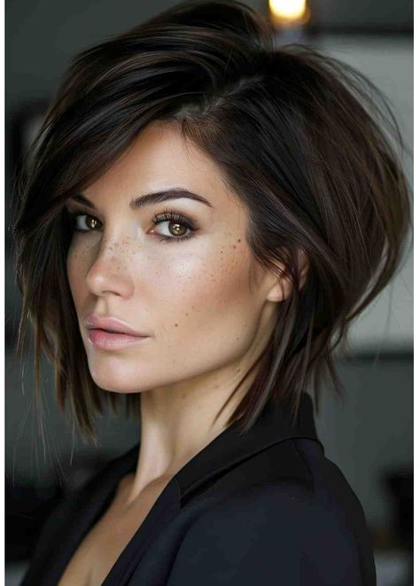 Long Layered Bobs For Thick Hair, Edgy A Line Haircut, Short Haircuts Easy To Style, Medium Round Face Haircut, Short Angled Haircut, Short Brown Hairstyle Women, Womens Short Hair Styles 2024, Sassy Bob Haircut Over 40, Long In Front Short In Back Hair