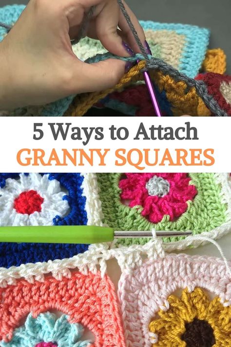 Ways To Connect Granny Squares, Connecting Granny Squares Easy, How To Connect Granny Squares Crochet, Attaching Granny Squares Together, Attach Granny Squares Together, How To Attach Granny Squares Together, Attaching Granny Squares, How To Connect Granny Squares, Attach Granny Squares