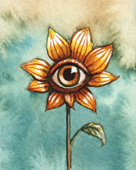 Surreal flower with an eye watercolor by artist Liese Chavez @liesechavez #art #artwork #illustration #realart #yellow #bloom #folkart Surreal Art Flowers, Surreal Folk Art, Surreal Art Eyes, Surreal Flower Painting, Watercolor Art Surrealism, Surreal Art Painting Easy, Simple Surrealism Art, Surrealism Watercolor Painting, Surrealism Art Ideas Easy