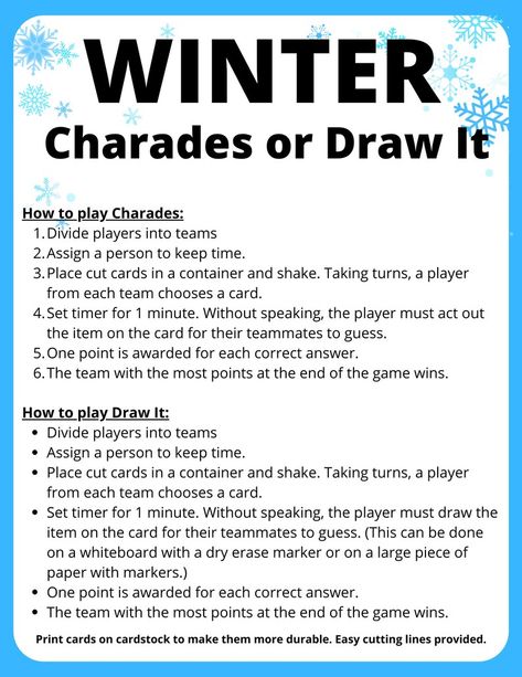 Winter Holiday Charades or Draw It Cards Instant Digital Download Printable Party Games Holiday Fun School Activities - Etsy Winter Party Games For School, Winter Themed Games For Kids, Winter Activities For Teens, Fun School Activities, Holiday Charades, January Fun, Winter Party Games, Printable Party Games, Weather Games