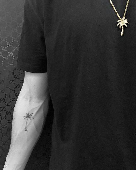 Small palm tree tattoo on the right inner forearm. Palm Tree Tattoos Men, Forearm Palm Tree Tattoo, Palm Tree Back Of Arm Tattoo, Palm Tree Tattoo On Forearm, Men Palm Tree Tattoo, Forearm Tattoo Men Ideas, Small Tattoos On Arm, 2 Palm Trees Tattoo, Palm Tree Tattoo Men