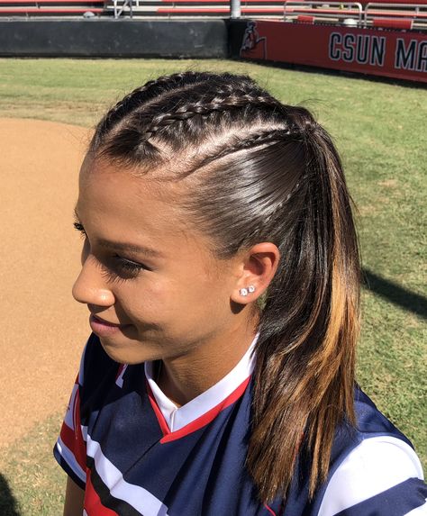 Softball Baseball Hairstyle For Girls With Medium Length Hair | Everylittlestrand Basketball Hair Styles Braids Sports, Gameday Hairstyles Short Hair, Softball Hairstyles For Medium Length Hair, Sports Length Nails, Gameday Braids, Girls Baseball Hairstyles, Hair For Softball, Cool Sports Hairstyles, Hairstyles For Medium Length Hair Up