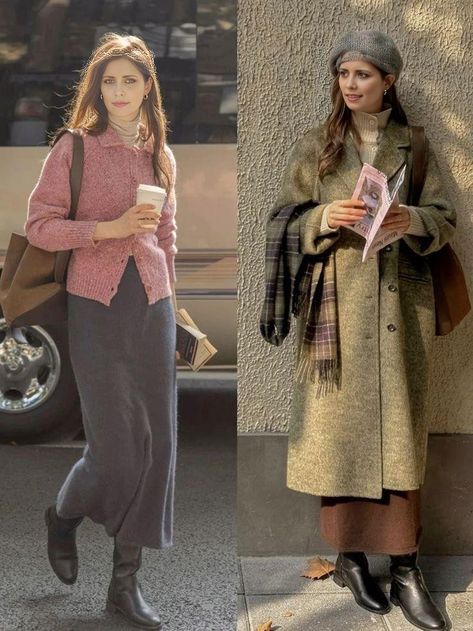 Medium Length Cardigan Outfit, Casual Work Outfits Autumn, 2000s Frazzled English Woman Aesthetic, Modest Asian Fashion, Feminine Outfit Winter, Winter Coffee Date Outfit, Autumn 2024 Outfits, Street Style Fall 2024, Frazzled English Woman Outfits