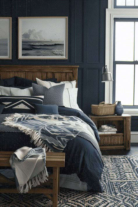 moody coastal bedroom Navy Blue Bedroom Farmhouse, Navy Blue Bedding Bedroom, Navy Blue Moody Bedroom, Dark Costal Bedroom, Moody Beach Bedroom, Dark Navy Blue Bedroom, Masculine Coastal Bedroom, Navy Blue Master Bedrooms Decor, Moody Navy Bedroom