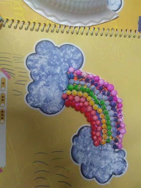 Rainbow with thermocol balls Thermocol Balls Craft Decoration, Thermocol Balls Craft, Thermocol Craft, Water Spring, Paper Plate Crafts For Kids, Summer Science, Kids Story, Ball Drawing, Nursery Activities