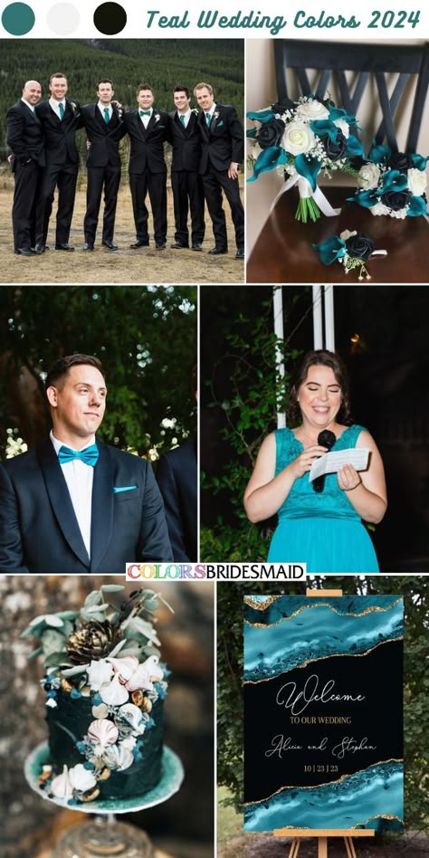 Teal and black wedding color combos inspirations for 2024: teal bridesmaid dresses, white bridal gown, black groom and groomsmen suits with teal ties, teal, black and white bouquets, teal and black wedding welcome board, wedding cake with teal and black decorations.#weddingcolors #weddingideas #tealweddings #colsbm #2024 #bridesmaiddresses #tealandblack Black White And Teal Wedding, Black And Teal Wedding Cake, Teal And Black Wedding Theme, Dark Teal And Grey Wedding, Teal And Black Wedding Ideas, Teal Black And Gold Wedding, Black And Turquoise Wedding, Teal And Gray Wedding, Teal And Black Wedding