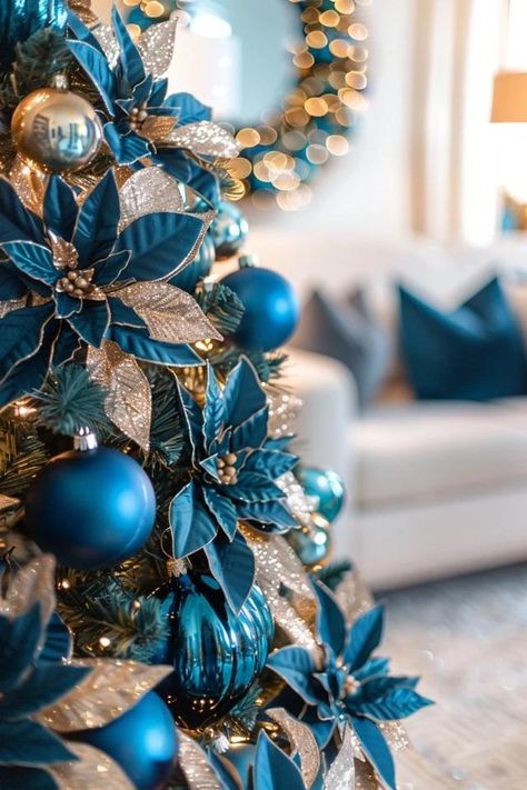 How To Decorate A Blue Christmas Tree: Thematic Styling Christmas Tree With Blue Ornaments, Blue Themed Christmas Tree, Blue Christmas Theme, Blue And White Christmas Tree, Blue Christmas Lights, Christmas Tree Colour Scheme, Blue Christmas Tree Decorations, Navy Christmas, Unique Holiday Decor